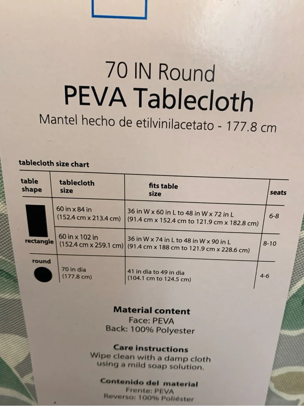 Floral Print Tablecloth in Blue/Gray/Green 70” round flocked back PEVA vinyl